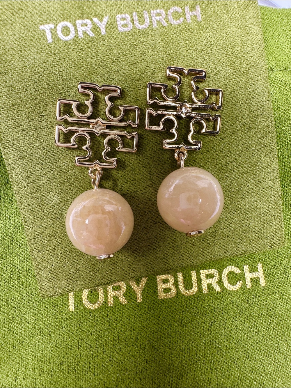 Tory Burch Gold Logo Drop Earrings with Beige Stone Spheres